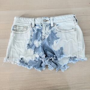 True Religion 🩵 Keira Denim Jean Shorts Mid Rise Bleached Raw Hem Distressed 28